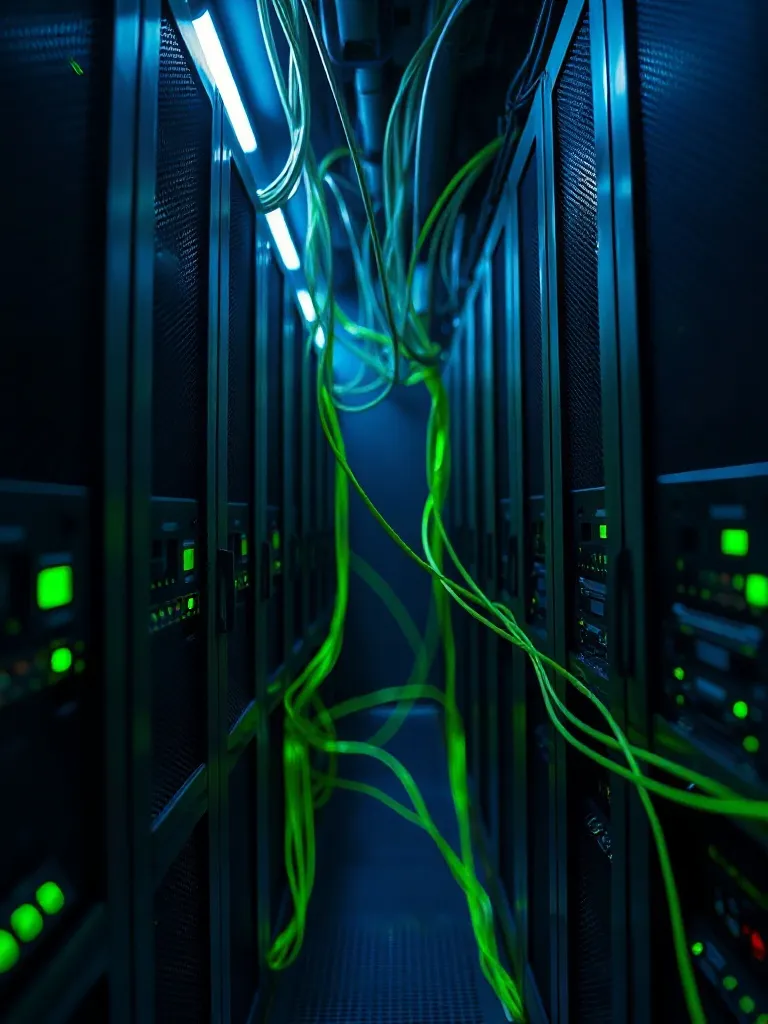 High-tech server room with neon green led lights, fiber opti