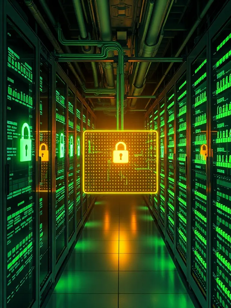 Technical blueprint of a compliance server rack with glowing