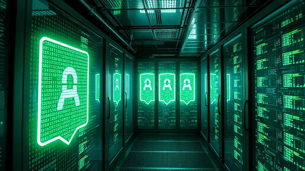 A futuristic server room with holographic shields and green